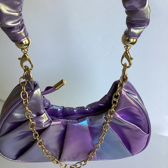 Olivia Miller Iridescent Metallic Purple Shoulder Bag Scrunch Handle Y2K Shiny - Picture 8 of 13